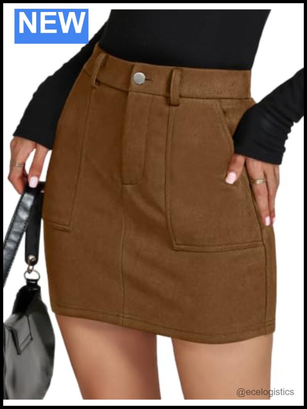 Women's Faux Suede High Waist Pencil Skirt with Pockets Bodycon Mini